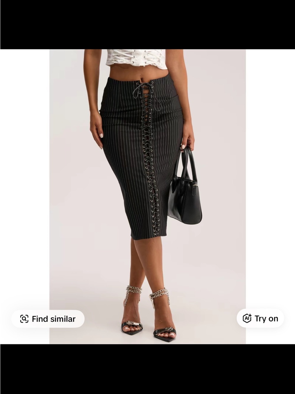AKIRA Black Pinstripe Lace-Up Midi Pencil Skirt